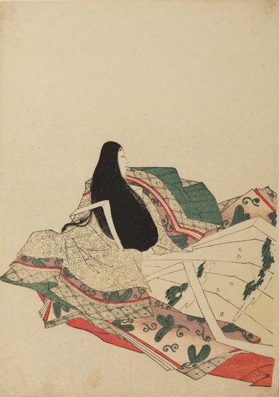 Sitzende Hofdame, zu drei Vierteln von hinten gesehen, Tafel aus dem Album Nishiki-zuri onna sanju rokkasen e-zukushi von Chobunsai Eishi