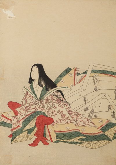 Dame des Hofes, sitzend, gestützt auf Kyosoku, aus dem Album: Sechsunddreißig Poetinnen von Chobunsai Eishi