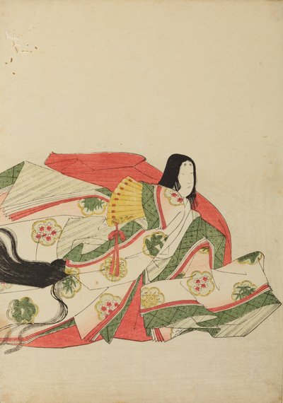Sitzende Hofdame mit gelbem Fächer, Tafel aus dem Album: Nishiki-zuri onna sanju rokkasen e-zukushi von Chobunsai Eishi