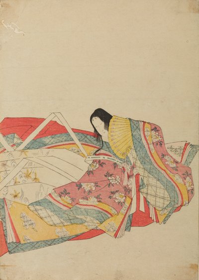 Sitzende Hofdame mit gelbem Fächer, Tafel aus dem Album: Sechsunddreißig Dichterinnen / Vollständige Bilderserie der sechsunddreißig Dichterinnen in Brokatdruck von Chobunsai Eishi
