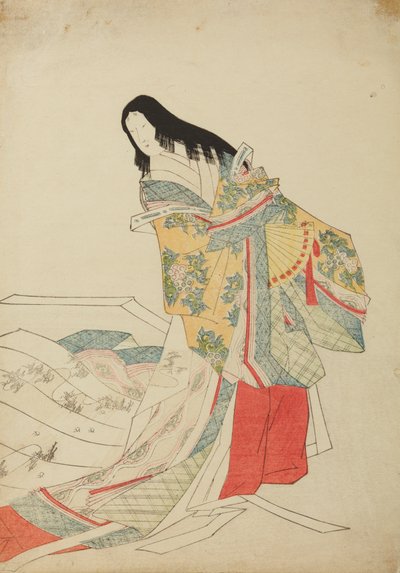 Stehende Hofdame mit Fächer, Tafel aus dem Album „Nishiki-zuri onna sanju e-zukushi“ von Chobunsai Eishi