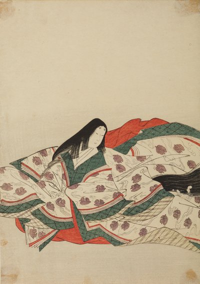 Hofdame in einem weißen Kimono mit einem Muster aus Enten auf dem Wasser, Tafel aus dem Album: Nishiki-zuri onna sanju rokkasen e-zukushi von Chobunsai Eishi