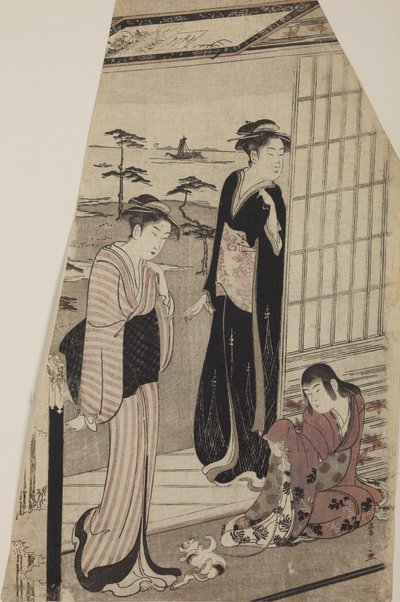 Zwei Frauen und ein Mädchen mit Kätzchen auf der Türschwelle von Chobunsai Eishi