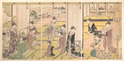 Ehrung der drei Götter der Dichtkunst: Frauen beim Verfassen von Gedichten von Chobunsai Eishi