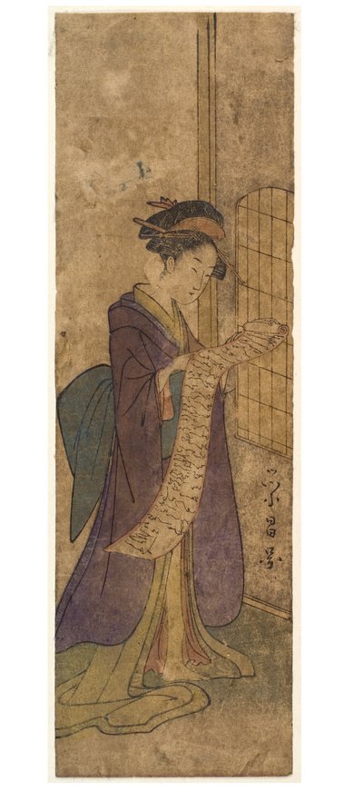 Dame liest einen langen Schriftrollenbrief von Chobunsai Eishi