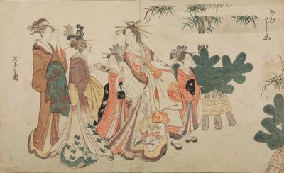 Oiran beim Neujahrsspaziergang mit zwei Shinzo und zwei Kamuro von Chobunsai Eishi