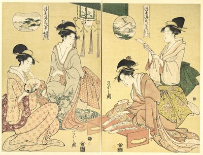 Geisterbeschwörer; Heimkehrende Wildgänse (Maboroshi; Rakugan) (rechts) und Ein dünner Wolkenschleier; Aufklarendes Wetter (Usugumo; Seiran) (links), aus der Serie Acht Ansichten der Geschichte vom Prinzen Genji in der fließenden Welt (Ukiyo Genji hakkei) von Chobunsai Eishi