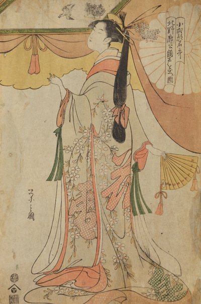 Stehendes Mädchen mit Fächer, aus der Serie: Lob der Mädchen aus dem Vergnügungsviertel Kitano / Kitano kaku no gaku von Chobunsai Eishi
