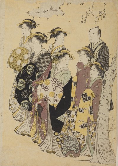 Sechs Oiran beim Spaziergang mit einem Mädchen und einem Mann von Chobunsai Eishi