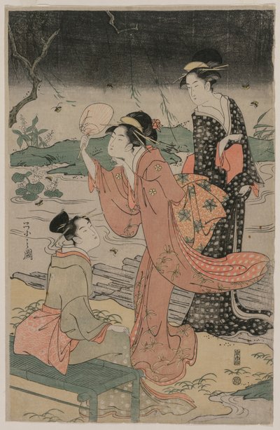 Frauen neben einem Bach, die Glühwürmchen jagen, Mitte der 1790er Jahre von Chobunsai Eishi