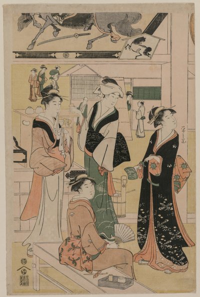 Frauen besuchen einen Teestand auf dem Gelände eines Tempels, frühe 1790er Jahre von Chobunsai Eishi