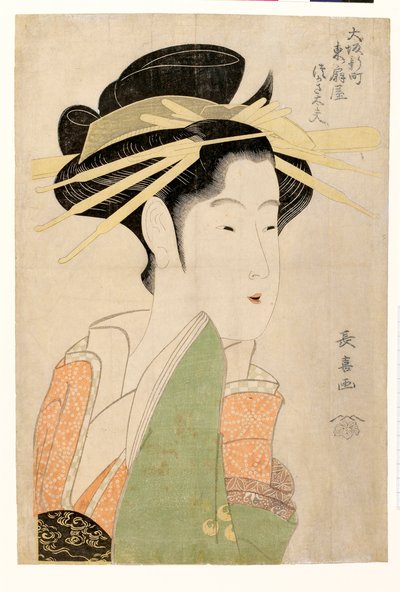 Porträt der Kurtisane Tsukasa Dayu von Higashi Ogiya im Shinmachi-Viertel von Osaka von Choki Eishusai