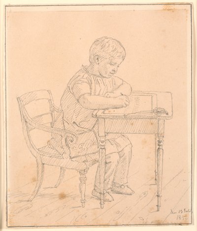 Der Sohn des Künstlers Peter, der auf eine Tafel schreibt von Christen Købke