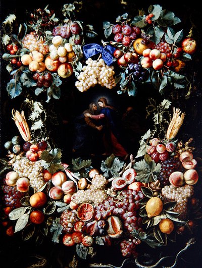 Die Heimsuchung in einem Fruchtkranz von Christiaan Luykx or Luycks