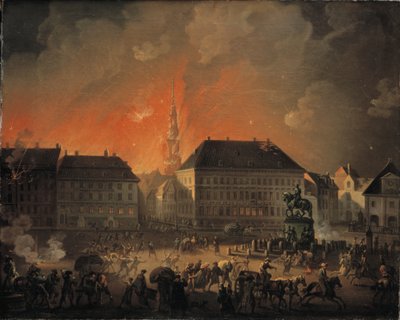 Die schrecklichste Nacht, Blick auf Kongens Nytorv in Kopenhagen während der englischen Bombardierung von Kopenhagen in der Nacht vom 4. auf den 5. September 1807 von Christian August Lorentzen