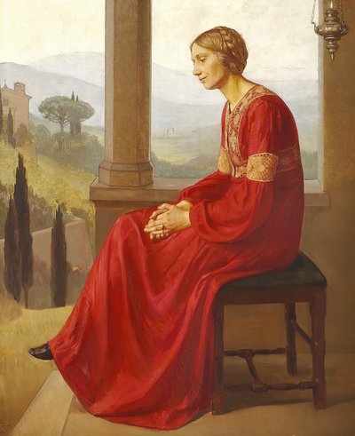 Eine Frau in einem roten Kleid, die auf einer Terrasse in einer italienischen Landschaft sitzt von Christian Bang