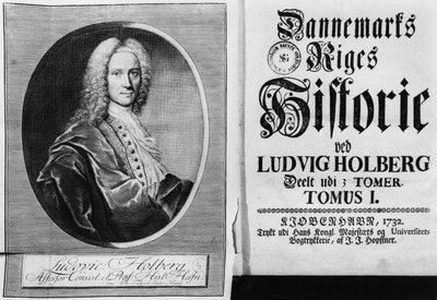 Baron Ludvig Holberg (1684-1754) und die Titelseite von Band I seiner Geschichte Dänemarks, veröffentlicht in Kopenhagen, 1732 von Christian Friedrich Fritzsch