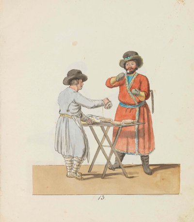 Kisselverkäufer und herrschaftlicher Kutscher aus der Serie Die Straßenhändler von St. Petersburg von Christian Gottfried Heinrich Geissler