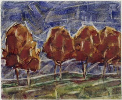 Landstraße mit roten Bäumen vor blauem Himmel von Christian Rohlfs