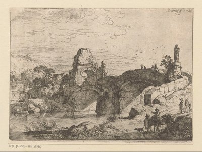 Landschaft mit der Ruine eines Tores neben einer verfallenen Brücke von Christian Wilhelm Ernst Dietrich