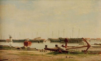 Blick auf Nyholm mit Kran und Kriegsschiffen von Christoffer Wilhelm Eckersberg