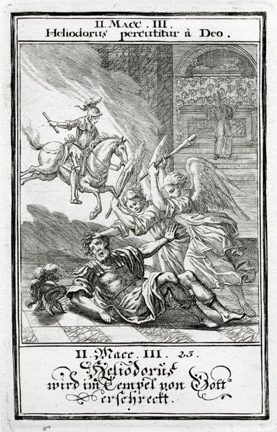 Gott erschreckt Heliodorus in einem Tempel, 2 Makkabäer (3:21-28), 1695 von Christoph Weigel