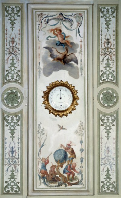 Paneel des großen Wohnzimmers des Château de Champs-sur-Marne mit Barometer und Chinoiserie. Wanddekor gemalt von Christophe Huet (1700-1759) von Christophe Huet