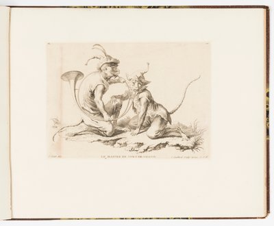 Tafel 10, Le Maître de Cors de Chasse (Der Meister des Jagdhorns), Singeries ou différentes actions de la vie humaine représentées par des singes (Affenspielereien oder verschiedene Handlungen des menschlichen Lebens dargestellt von Affen) von Christophe Huet