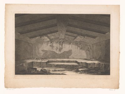 Etruskische Grabkammer in Tarquinia mit einem Wandgemälde einer Prozession an der Rückwand von Christopher Norton