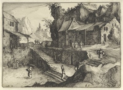 Bergdorf mit Häusern und Treppen von Claes Jansz. Visscher (II)