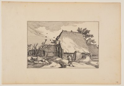 Ein Bauernhof, Mann mit zwei Eimern auf dem Weg vorne, aus Landschaften von Claes Jansz. Visscher