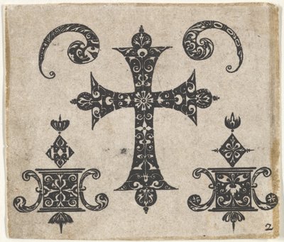 Schwarzarbeit-Druck mit einem lateinischen Kreuz und kleinen Motiven von Claes Jansz Visscher