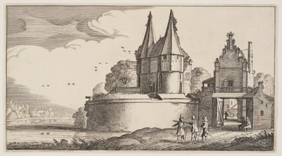 Bastion und Stadttor an einem Fluss, aus Landschaften (Playsante Lantschappen) von Claes Jansz. Visscher II