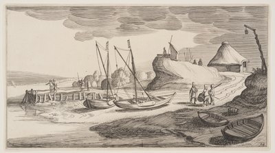 Boote an Land in der Nähe eines Wachturms, aus Landschaften (Playsante Lantschappen) von Claes Jansz. Visscher II