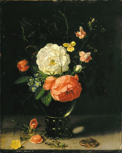 Blumen in einer Vase mit Heuschrecke und Frosch von Clara Peeters