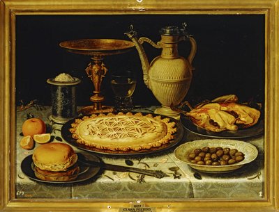 Stillleben - Mahlzeit mit gebratenem Huhn, Brot und Oliven von Clara Peeters