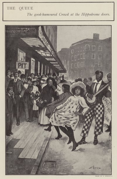 Eine gutmütige Schlange vor den Türen des London Hippodrome von Clarence F. Underwood