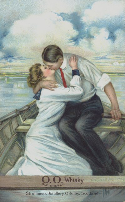 Paar, das sich in einem Ruderboot küsst - verwendet zur Vermarktung von Old Orkney Whisky von Clarence F. Underwood