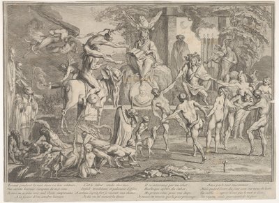 Hexensabbat, in einer nächtlichen Landschaft, ein Nekromant sitzt oben in der Mitte, ca. 1700-1720 von Claude Gillot