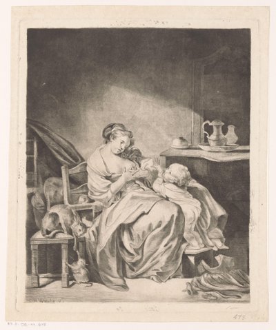 Interieur mit einer sitzenden Frau, die ihr Kind füttert von Claude Henri Watelet