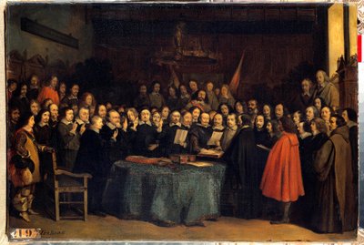 Der Westfälische Frieden, die Vereidigung nach der Ratifizierung des Friedens zwischen den Spaniern und den Niederländern im Rathaus von Münster am 15.05.1648. Sie beendeten den Dreißigjährigen Krieg. von Claude Jacquand