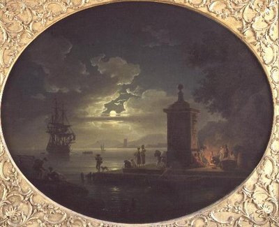 Nacht: Eine mondbeschienene Küstenlandschaft mit Fischern an einem Feuer auf einem Kai, ein Kriegsschiff im Hintergrund von Claude Joseph Vernet