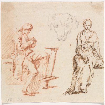 Blatt mit Studien: Sitzender Mann, Kopf eines Hundes, sitzende Frau von Claude Joseph Vernet