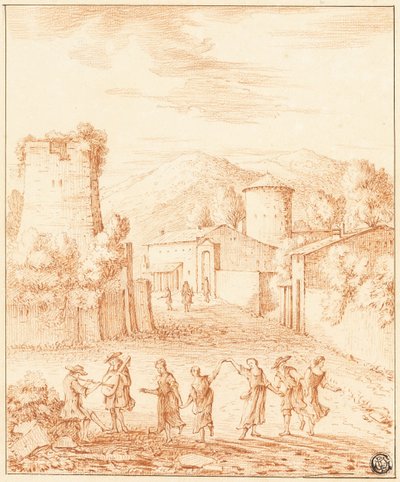 Tänzer und Musiker vor Dorf mit Ruinenturm von Claude Lorrain