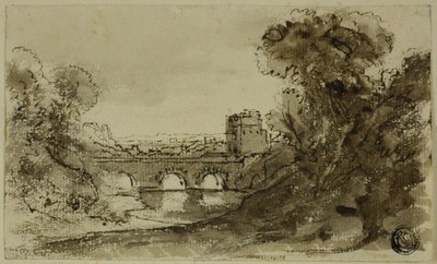 Italienische Flusslandschaft mit Brücke und Turm von Claude Lorrain