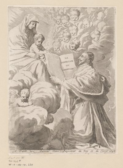 Armand-Jean du Plessis Herzog von Richelieu präsentiert ein Buch an Maria mit Kind (Titelblatt für: Armand-Jean du Plessis Herzog von Richelieu, Traité de la perfection du chrétien) von Claude Mellan