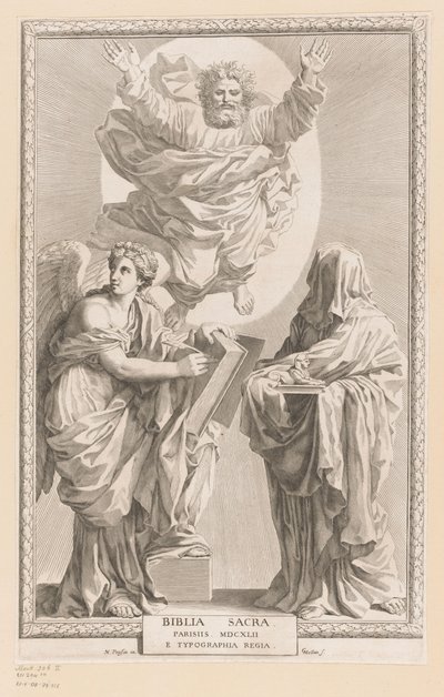 Gott mit Personifikation von Geschichte und Prophezeiung (Titelblatt für: Biblia Sacra, 1642) von Claude Mellan