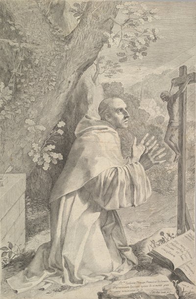 Hl. Bernhard kniet vor einem Kruzifix, ca. 1655 von Claude Mellan
