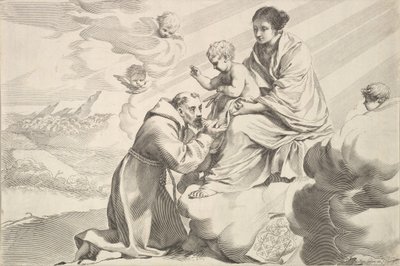 St. Franziskus von Assisi verehrt das Christkind auf dem Schoß der Jungfrau von Claude Mellan