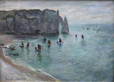 Étretat, das Tor von Aval: Fischerboote verlassen den Hafen von Claude Monet